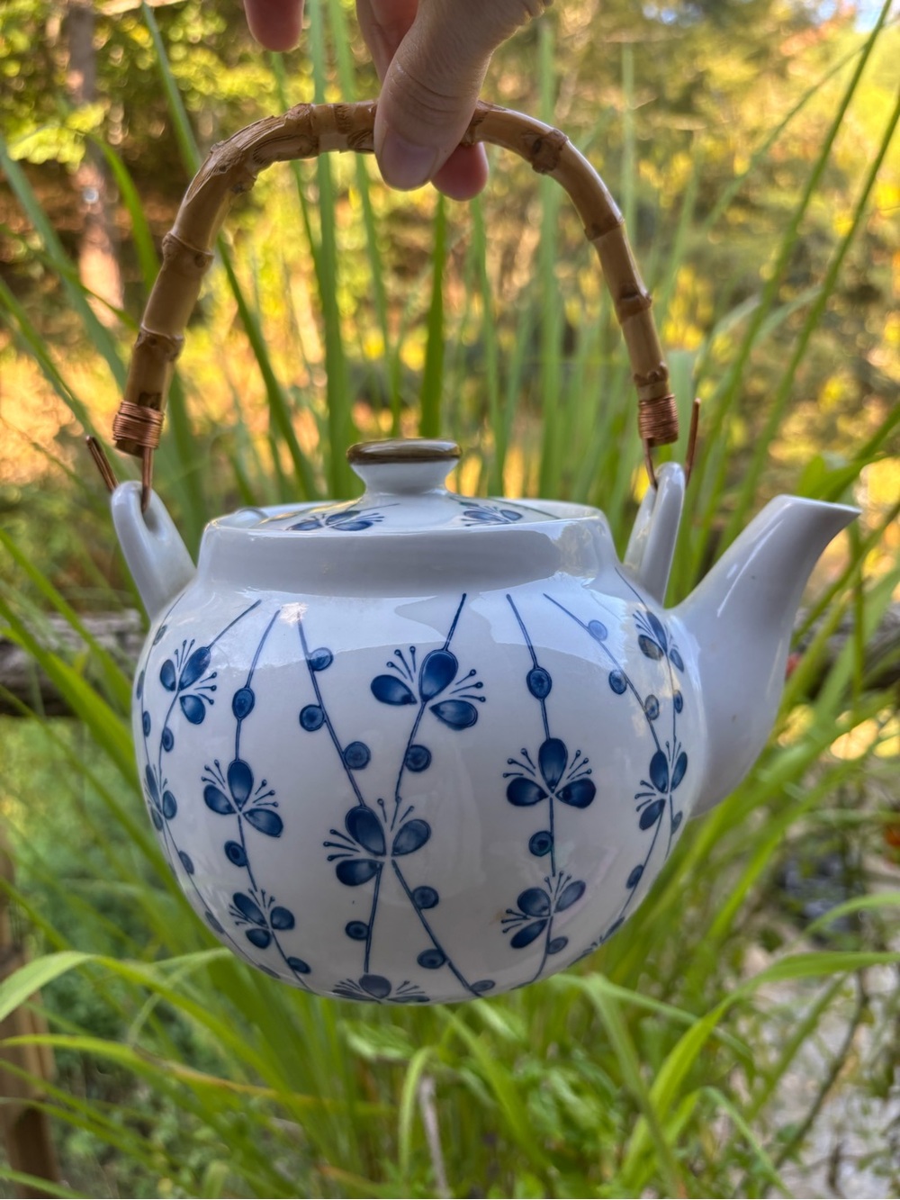 Classic Blue Floral Porcelain Teapot with Bamboo Handle